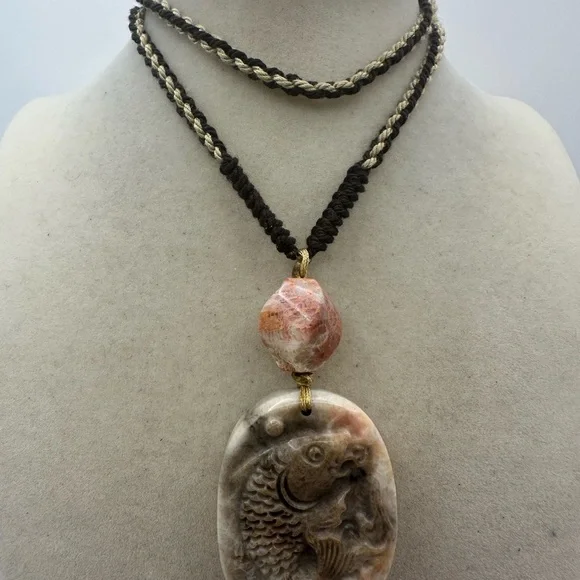 Handcrafted Coral Fossil Jade Fish Carving Pendant Necklace on Adjustable Rope - Picture 4 of 13